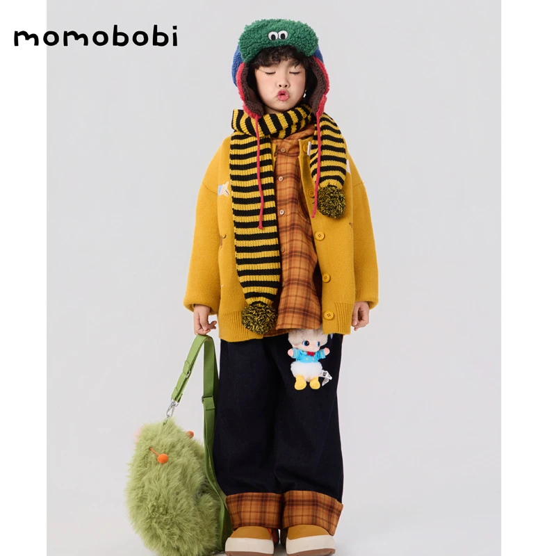 momobobi自制新款儿童毛衣学院风个性狗狗刺绣卡通针织衫保暖外套