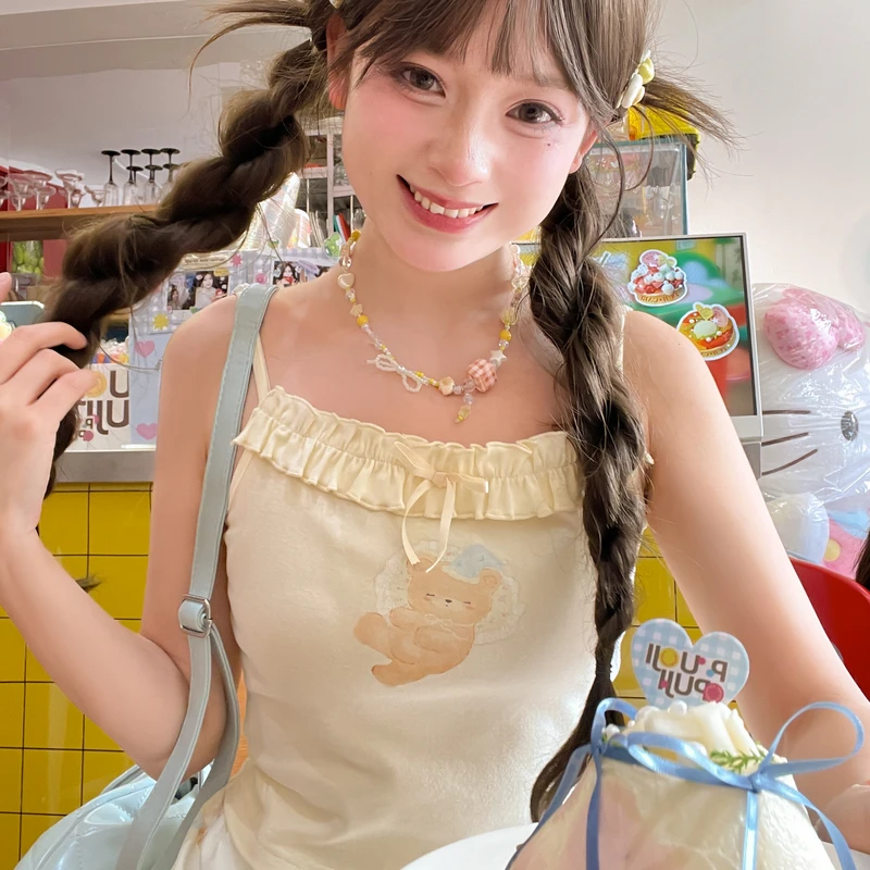 森女部落可爱卡通小熊印花吊带女花边背心上衣纯欲打底衫2025新款