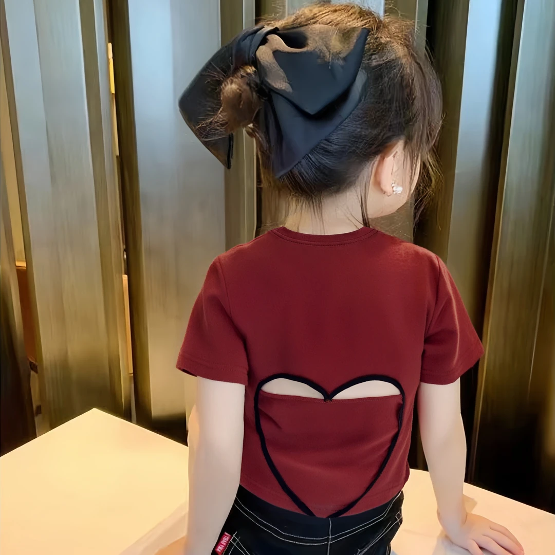 女童夏季高腰短款T恤后背爱心镂空高弹棉短袖甜辣百搭潮流短袖