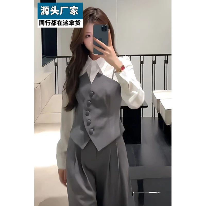 梵乐芬法式气质高级感拼接上衣高腰阔腿裤两件套女春季新款洋气时