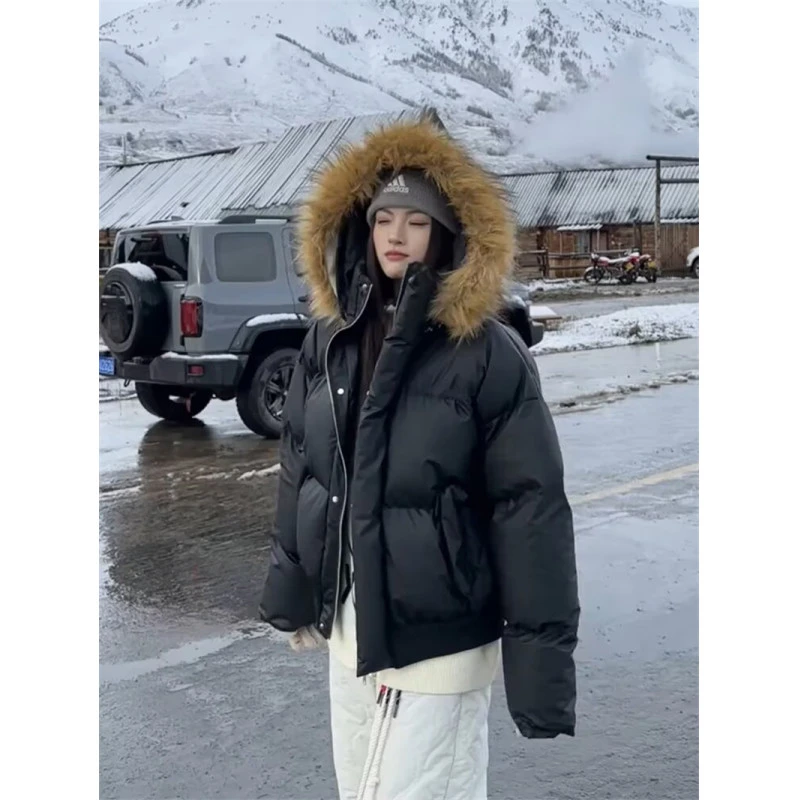 v37可拆卸毛领pu皮连帽棉服夹克外套男冬美式潮牌面包服情侣棉袄