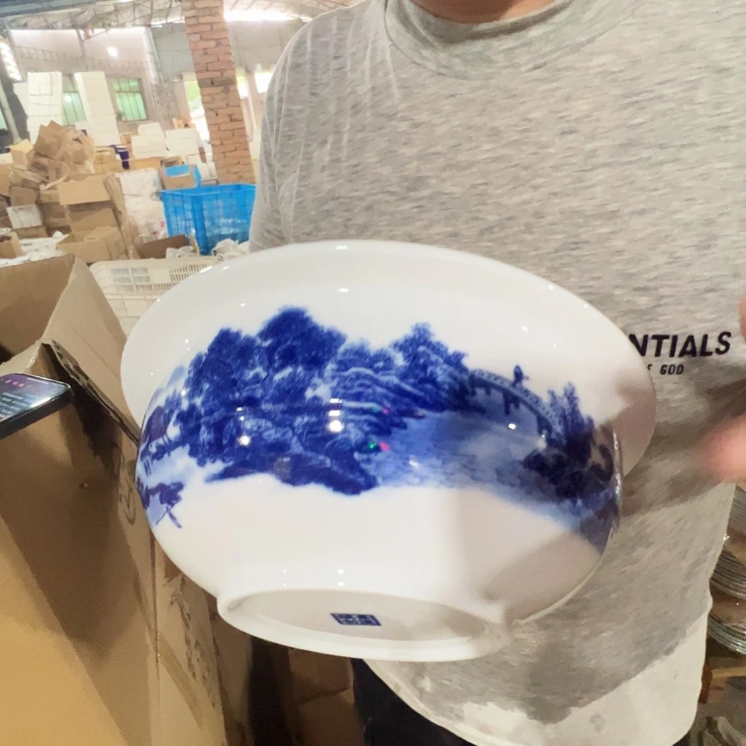 瓷片景德镇陶瓷山水大汤盆一只