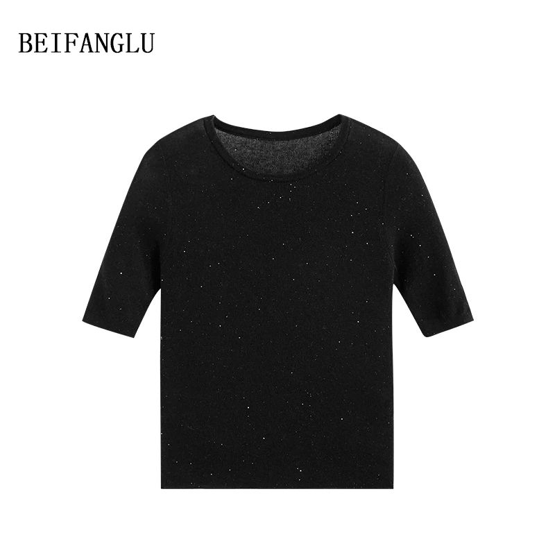【星空面膜针织T】早春2025珠片亮丝圆领薄款短袖针织衫8002
