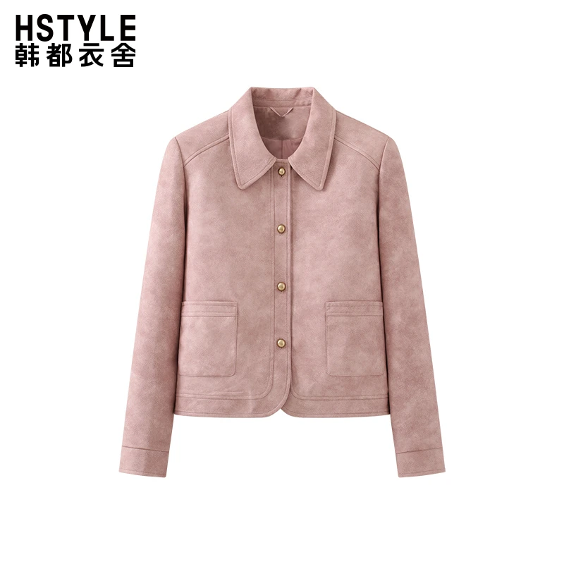 韩都衣舍翻领金扣PU皮外套女气质高级感炸街时尚小众夹克短上衣