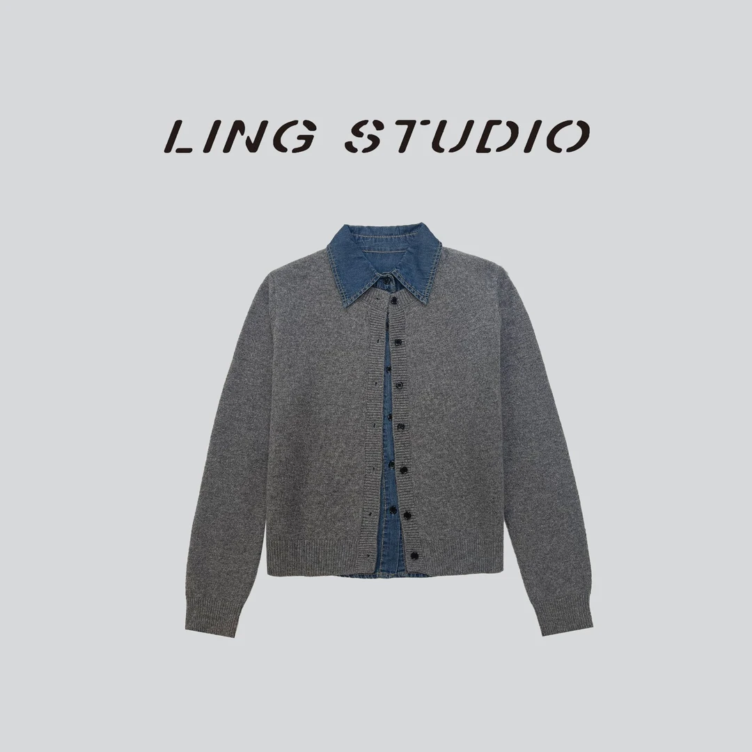LING/STUDIO『未名诗语』时尚百搭设计感假两件牛仔拼接开衫5122204