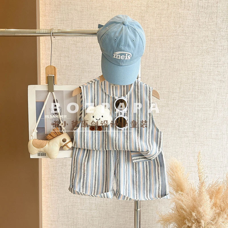 【云朵物语】韩版夏款2025新款男宝百搭儿童云朵玩偶条纹无袖套装