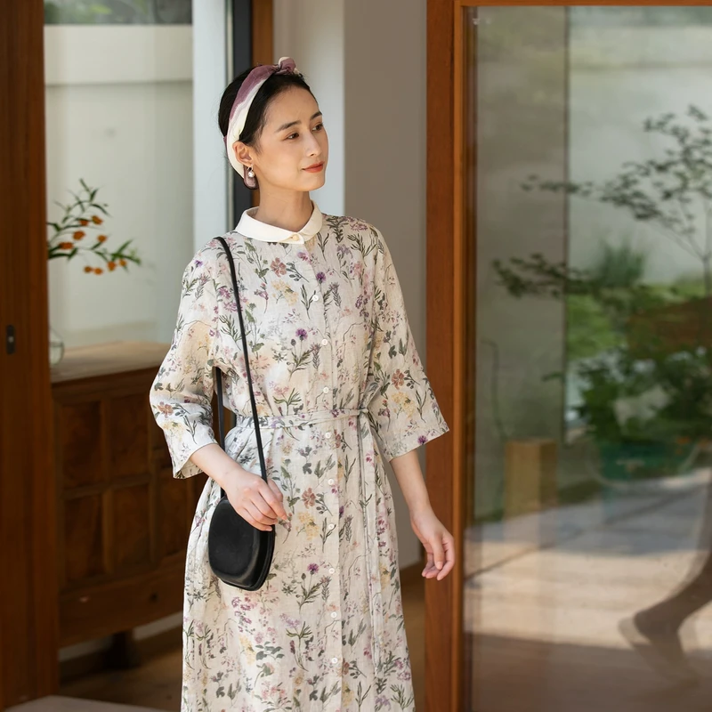 牧衣游原创 亚麻印花连衣裙女秋季新款文艺气质衬衫裙 清影硫桐