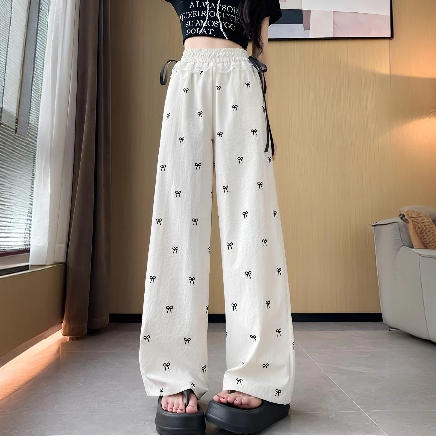 米白裤子垂感百搭夏季薄款蕾丝印花高腰显瘦直筒洋气宽松阔腿裤
