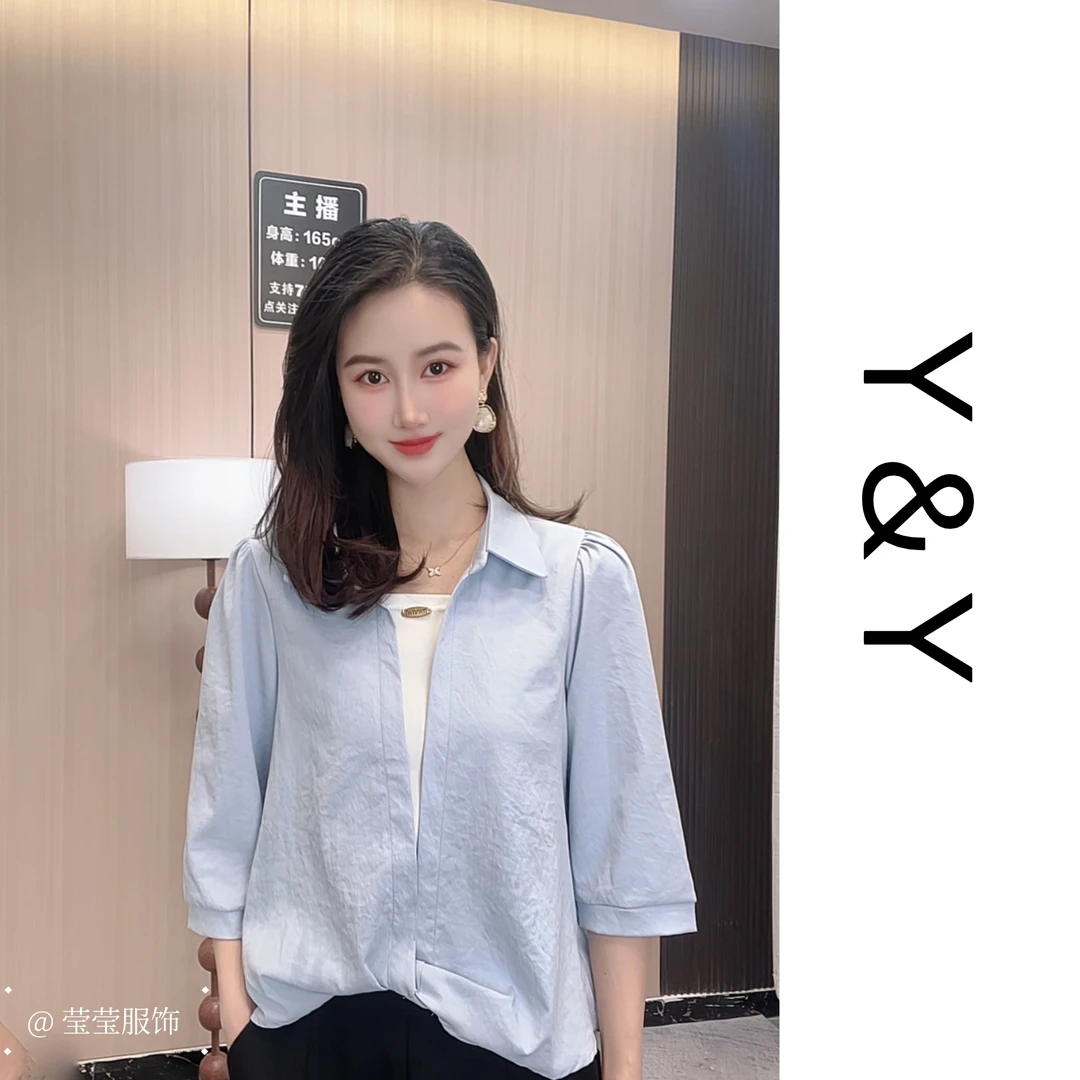 2628-2025宽松夏季百搭上衣新款撞色假两件七分袖衬衫衬衣