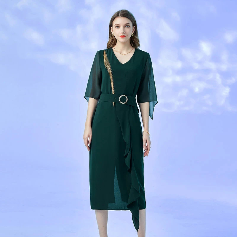 中年妈妈连衣裙新款女夏季雪纺中长裙 赫1502P