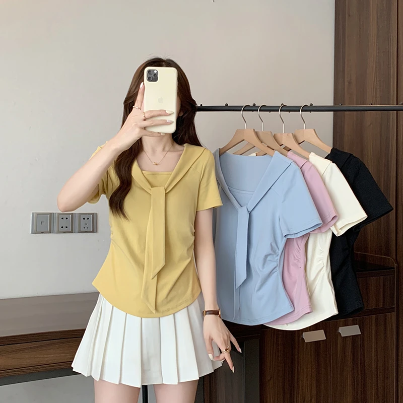 2025夏装新款胖mm大码女韩系休闲披肩掐腰弧形短袖T恤35569