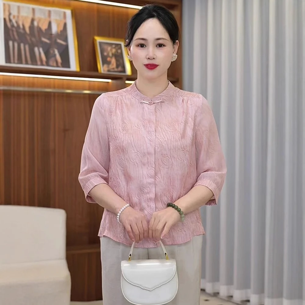 七分袖薄款衬衫女时尚中老年女装新款玫瑰印花休闲中式套头小衫