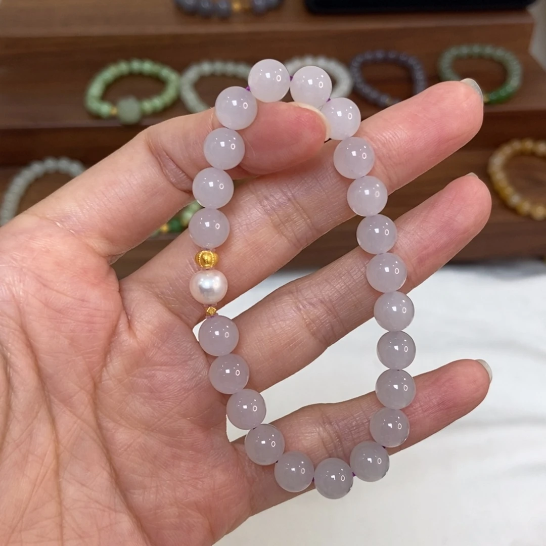 和田玉18K金镶嵌手链8mm冰底香芋紫烟紫