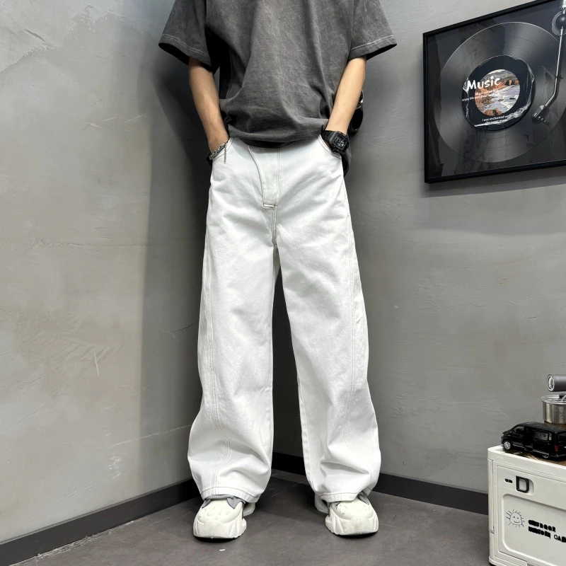 2025新款男士弯刀阔脚纯色白色拼接百搭牛男士宽松拼男士宽松弯刀