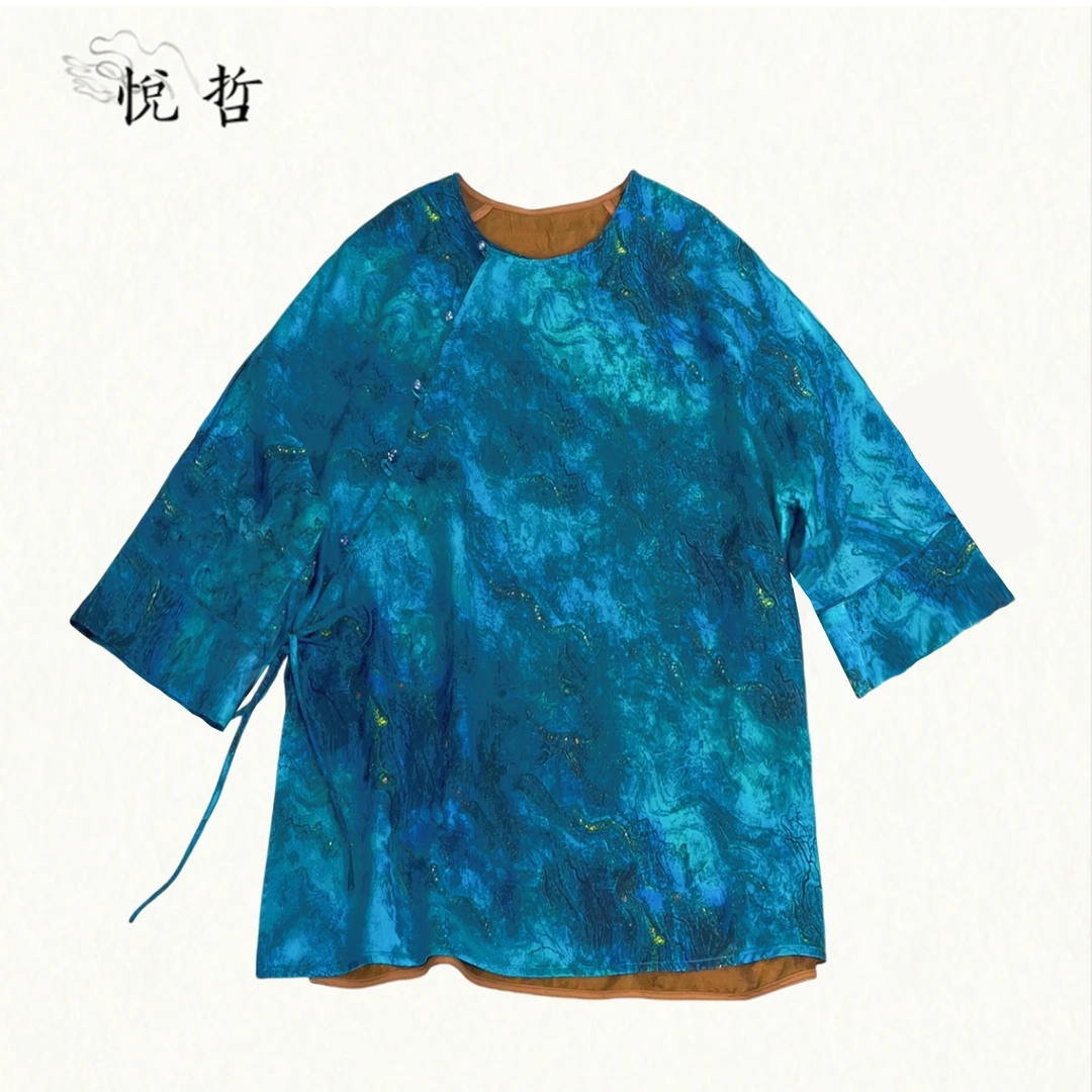 YUEZHE 新中式国风提花上衣2025夏季新款复古圆领宽松设计短袖