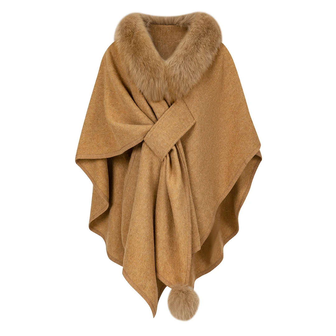 原单外贸2025新款狐狸毛皮草外套女披肩斗篷双面呢大衣