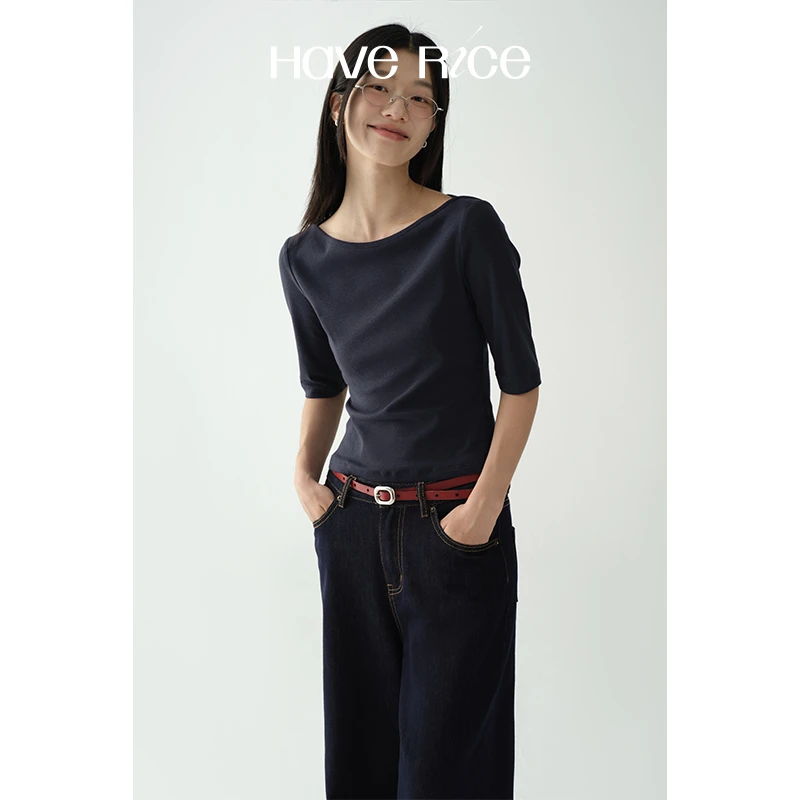 【一字领T恤】HAVERICE气质学姐  90s复古收腰五分袖修身一字领T恤