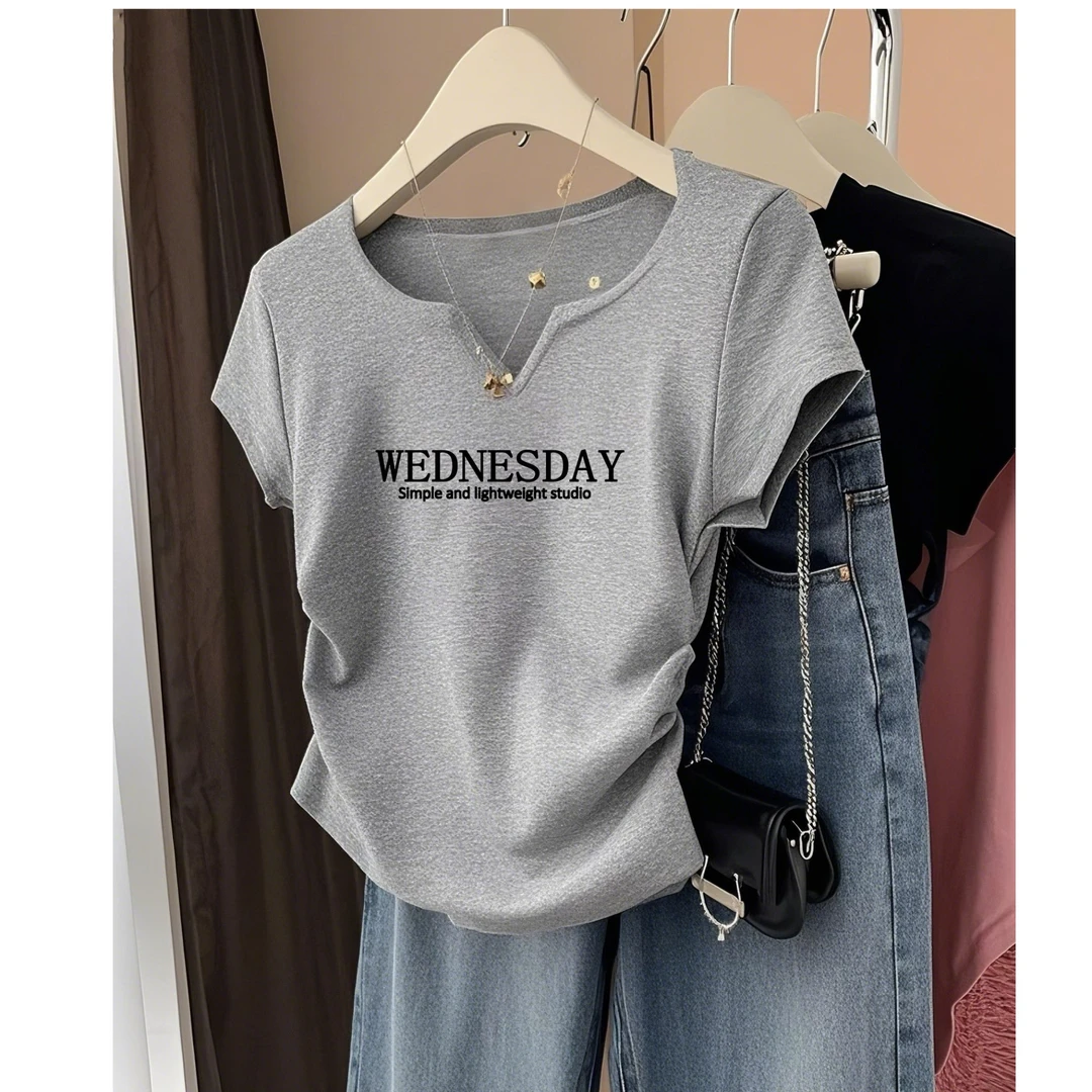 潮欧货正肩V领百搭短袖t恤女设计感小众收腰修身显瘦上衣体恤夏季