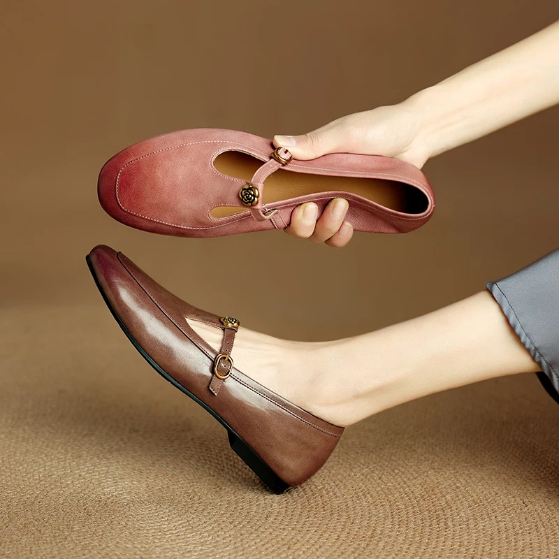 1cm/法式复古真皮圆头软底丁字扣单鞋时尚气质百搭女鞋子40