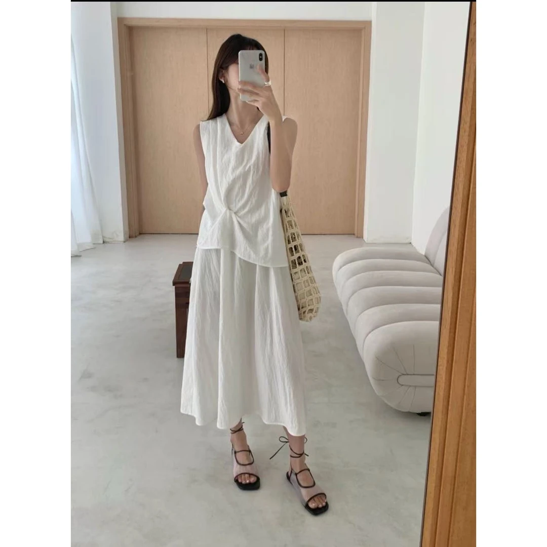 55829#THINK#假两件无袖V领褶皱气质收腰连衣裙（福利）
