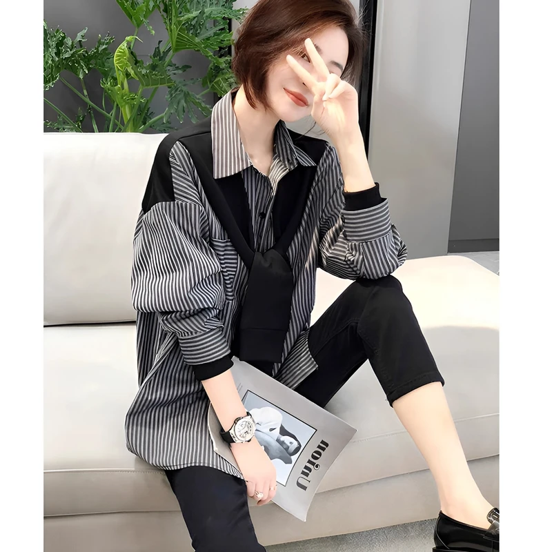 2025春季新款韩版条纹宽松时尚衬衫高级感长袖休闲披肩领小众上衣
