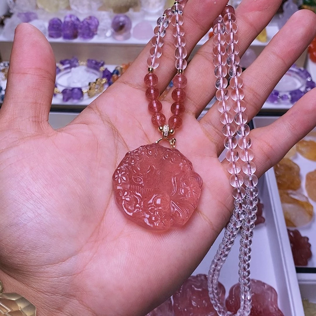 水晶颈饰未镶嵌草莓晶九尾狐吊坠 送链子