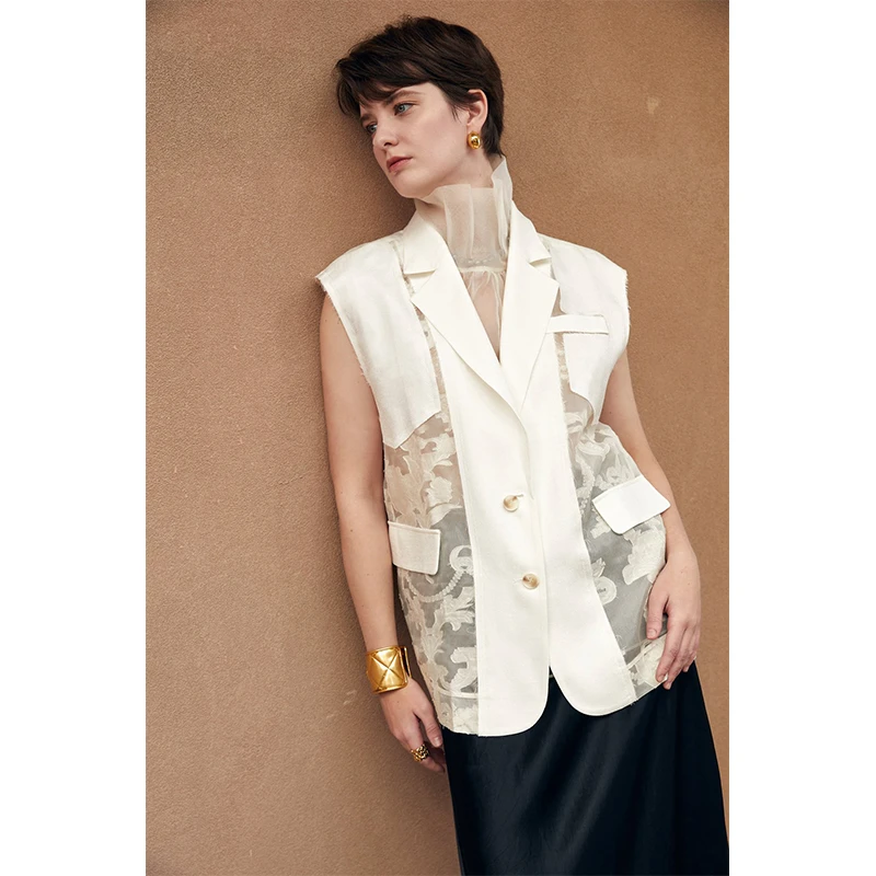 卢浮宫 桑蚕丝剪花工艺浮雕花纹百搭马甲背心女上衣剪花拼接马甲