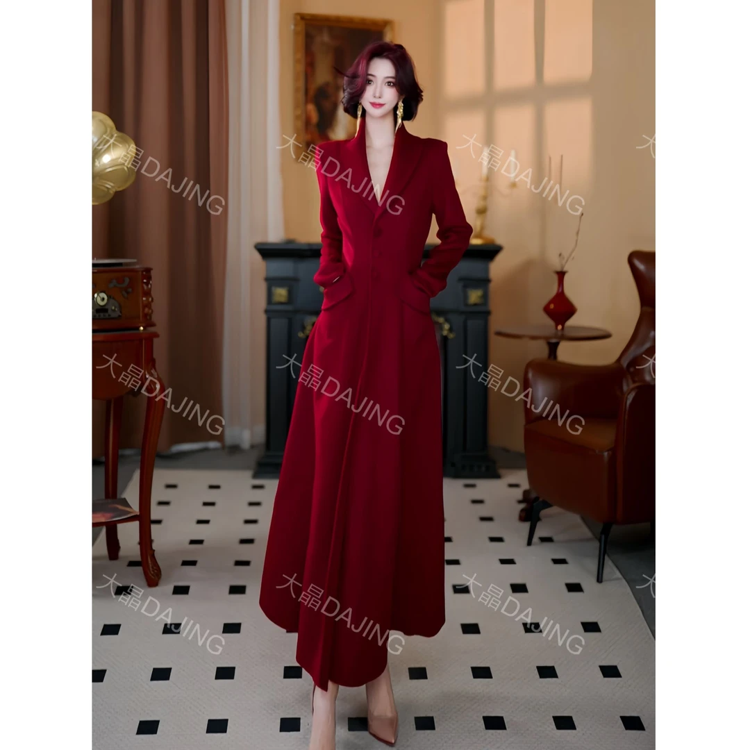 【大晶定制】秋冬新款[百分百纯羊毛]酒红气质双面呢修身中长款大衣