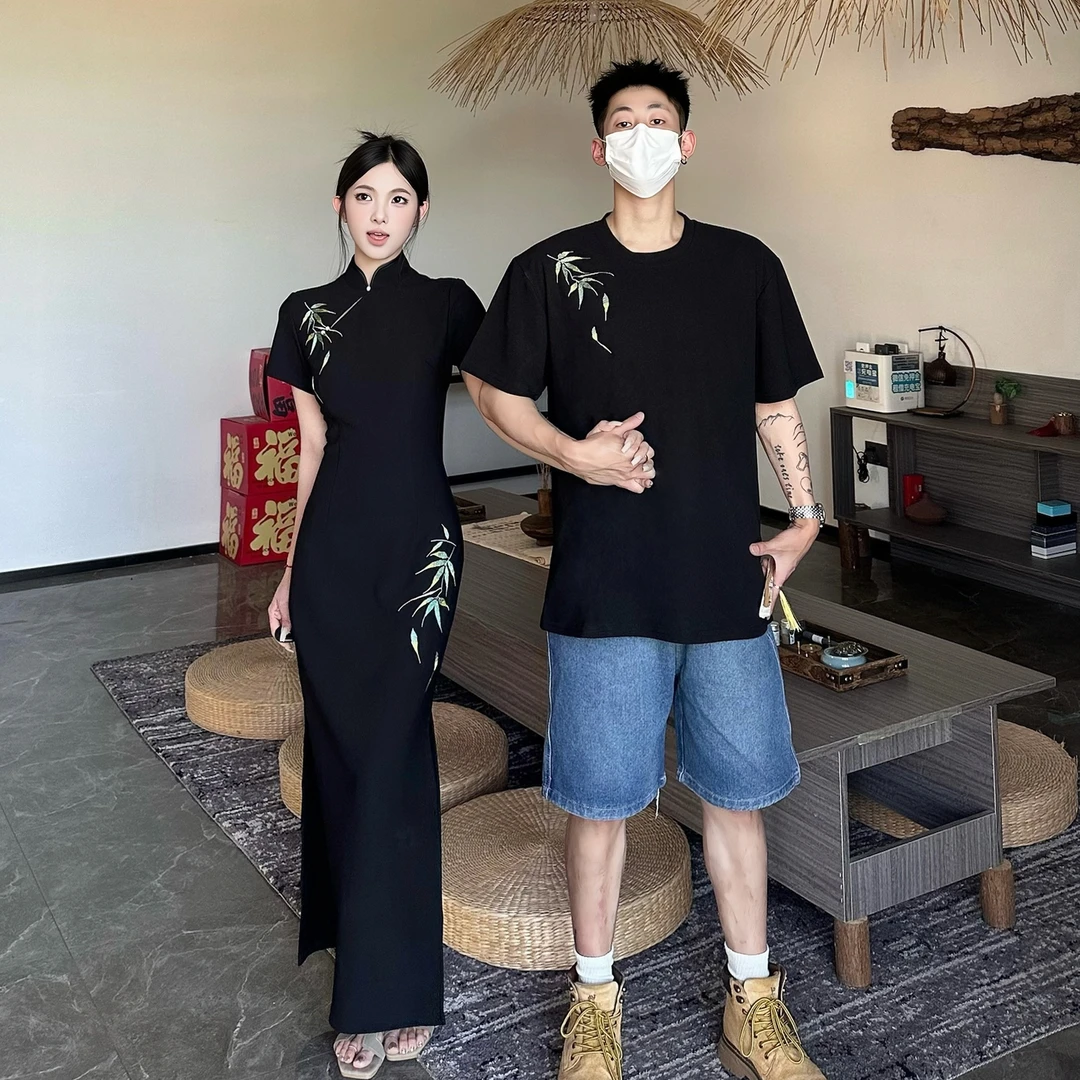 情侣装夏季新中式刺绣收腰显瘦女旗袍连衣裙男短袖T恤一裙一衣