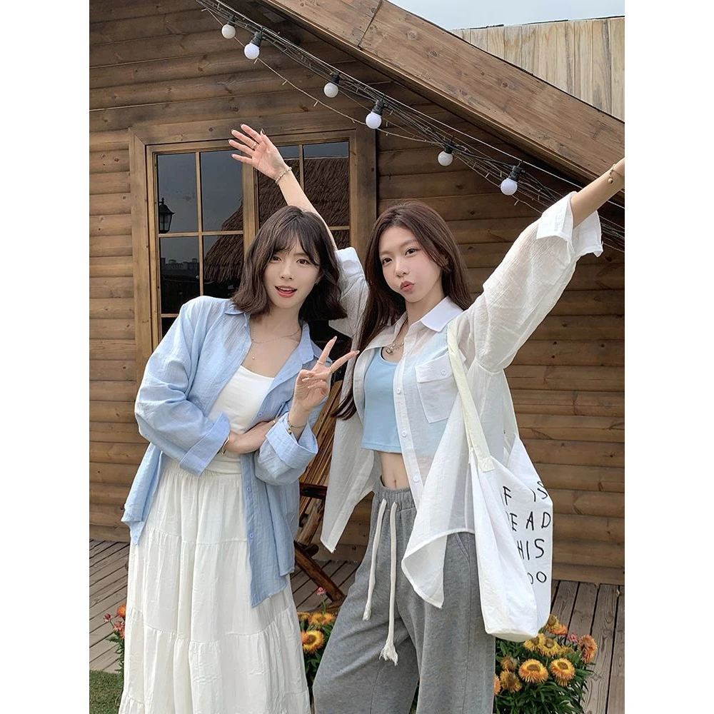 韩系宽松长袖薄款防晒衬衫2025新款慵懒百搭休闲衬衣开衫女