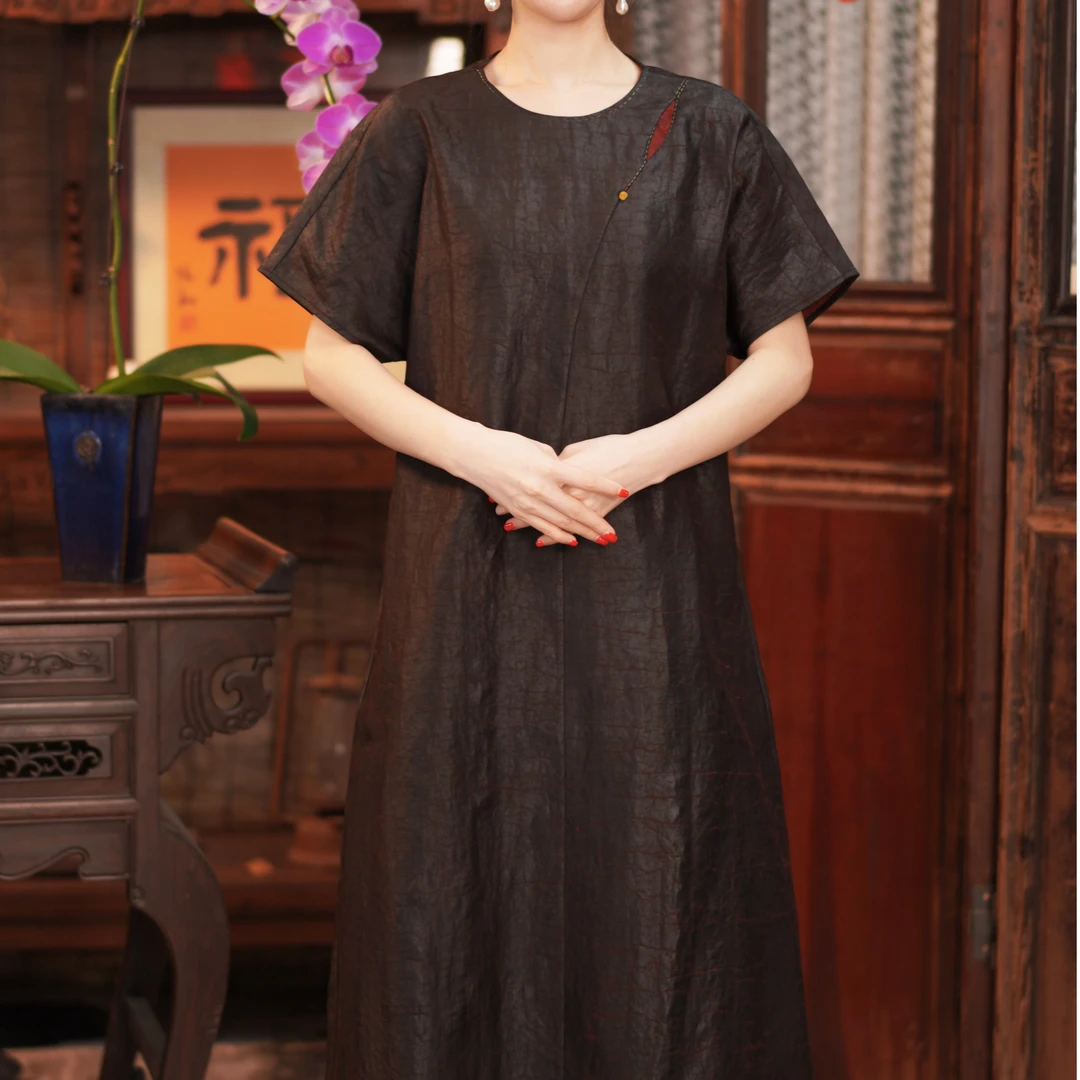 萧娘【先知】香云纱龟裂纹莨绸连衣裙中式长款春夏桑蚕丝国风182