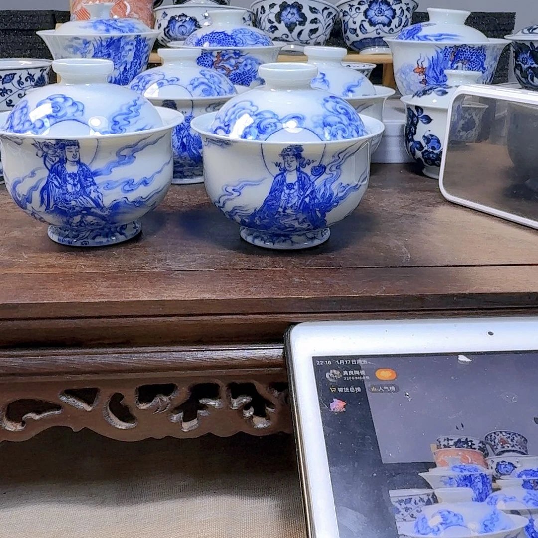 泥塑小**学对盖碗手工手绘