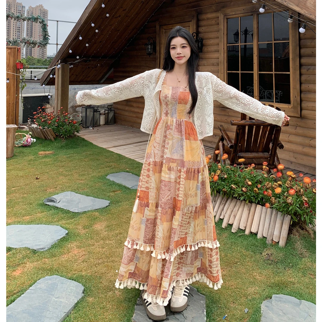 大码胖mm复古波西米亚风流苏吊带裙镂空长袖开衫遮肉显瘦气质穿搭