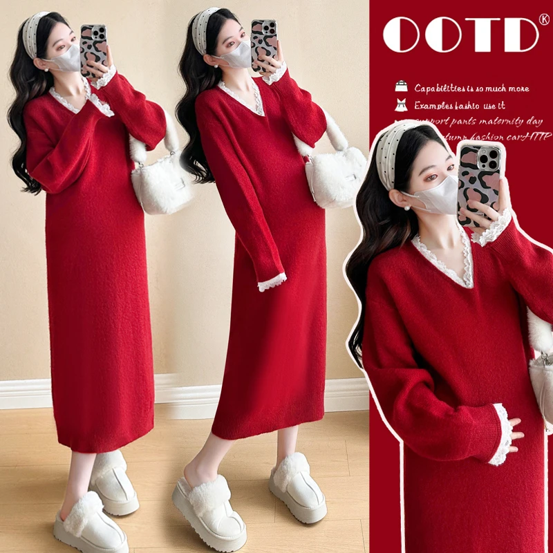 时髦孕妇装冬季新款网红孕妇装韩版时尚小香风跨年时尚圣诞连衣裙