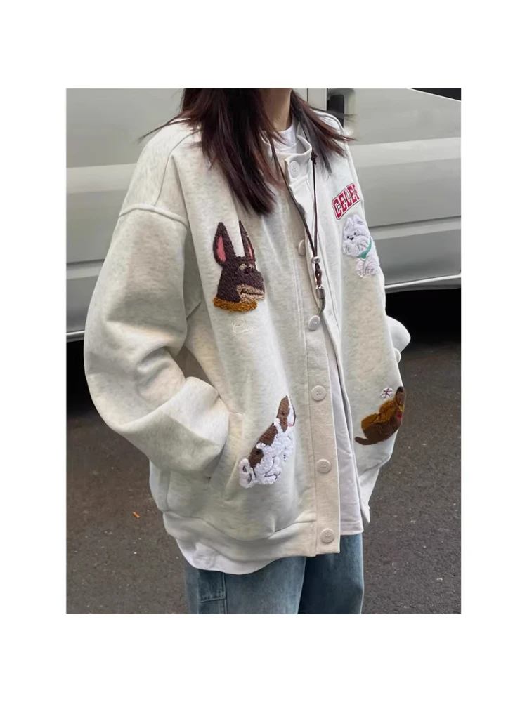 秋冬季美式复古小狗刺绣卫衣棒球服情侣chic百搭休闲宽松开衫外套
