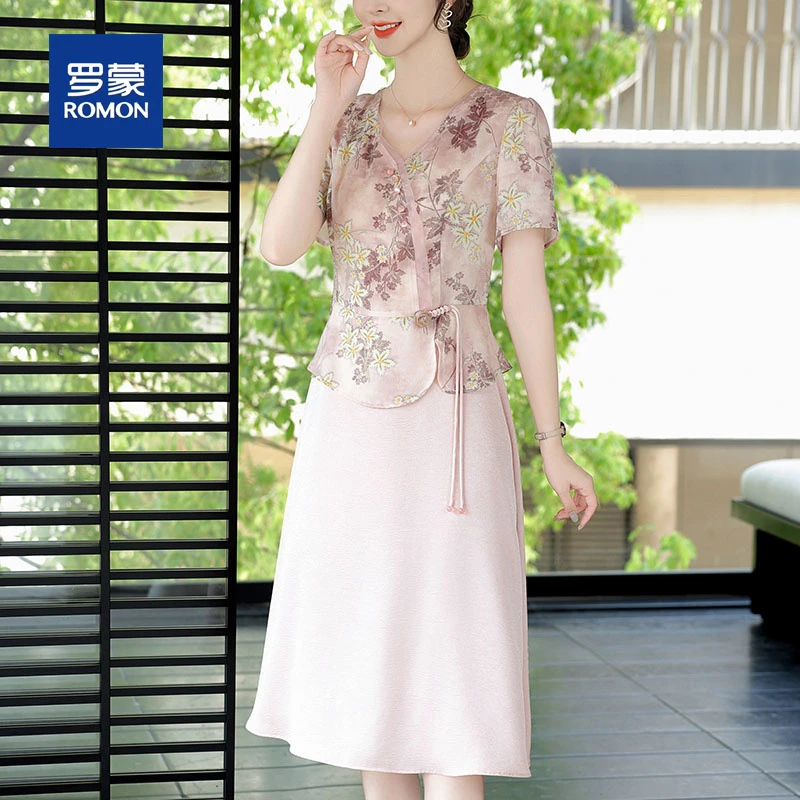罗蒙中年妈妈夏装花色连衣裙洋气中老年女装气质短袖裙高贵中长裙
