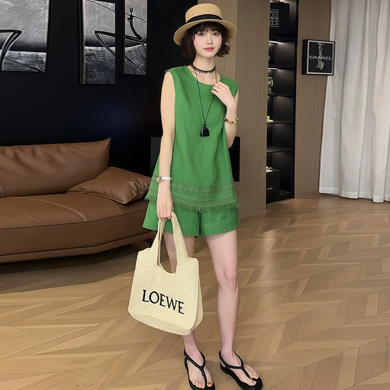 时尚气质套装女2025年夏季新款宽松显瘦流苏无袖上衣短裤两件套潮