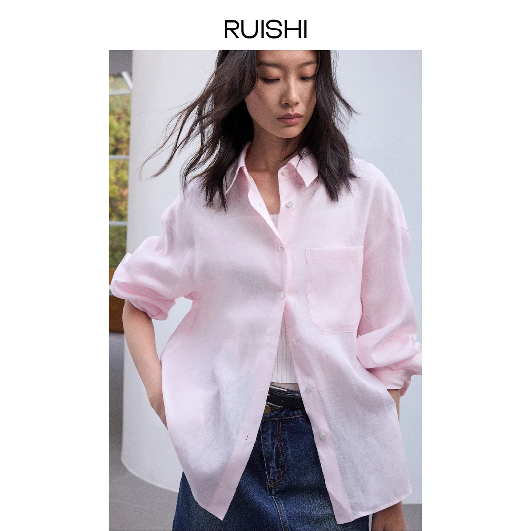 RUISHI芮时新款100亚麻老钱风落肩袖慵懒休闲衬衫女夏R25B115802