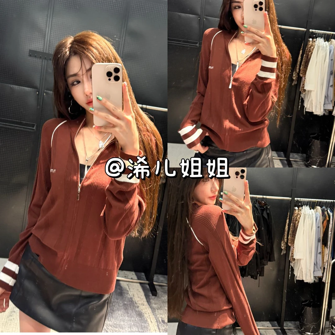 （浠儿家）秋日复古撞色拉链针织小立领外套上衣