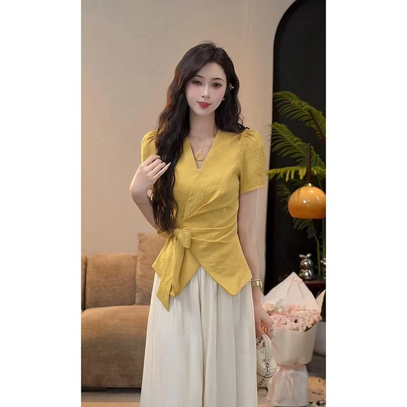 夏季新款洋气时尚V领短袖不规则衬衫1616916