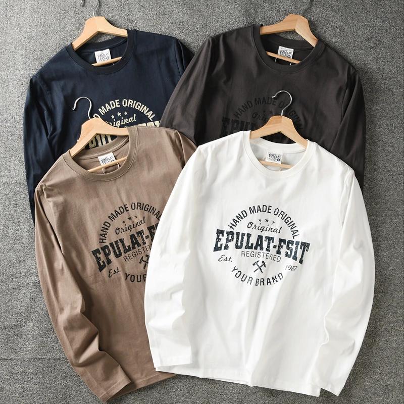 秋季 外贸男装水洗磨毛全棉面料男士长袖T恤男字母印花男T打底衫