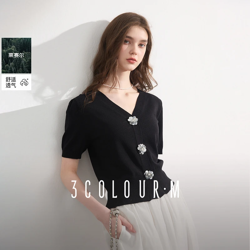 0642马琦尧专属三彩2025夏季新款立体花朵针织衫V领短袖正肩毛dbx