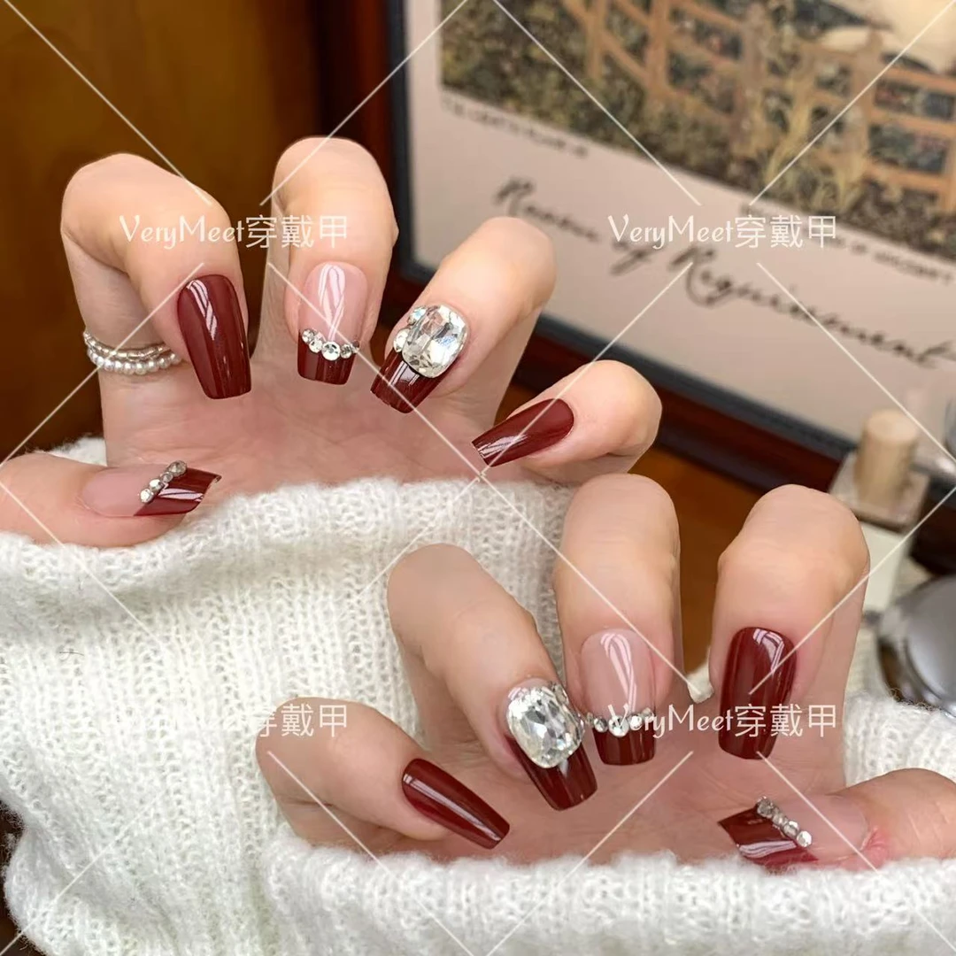 VeryMeet穿戴甲中T法式鸽子蛋气质红大气女主风气质少女美甲贴123