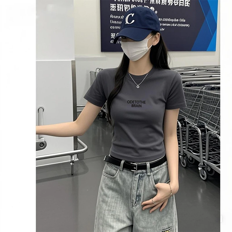 紧身辣妹短袖t恤女夏季2025新款圆领灰色纯欲美式小个子正肩上衣