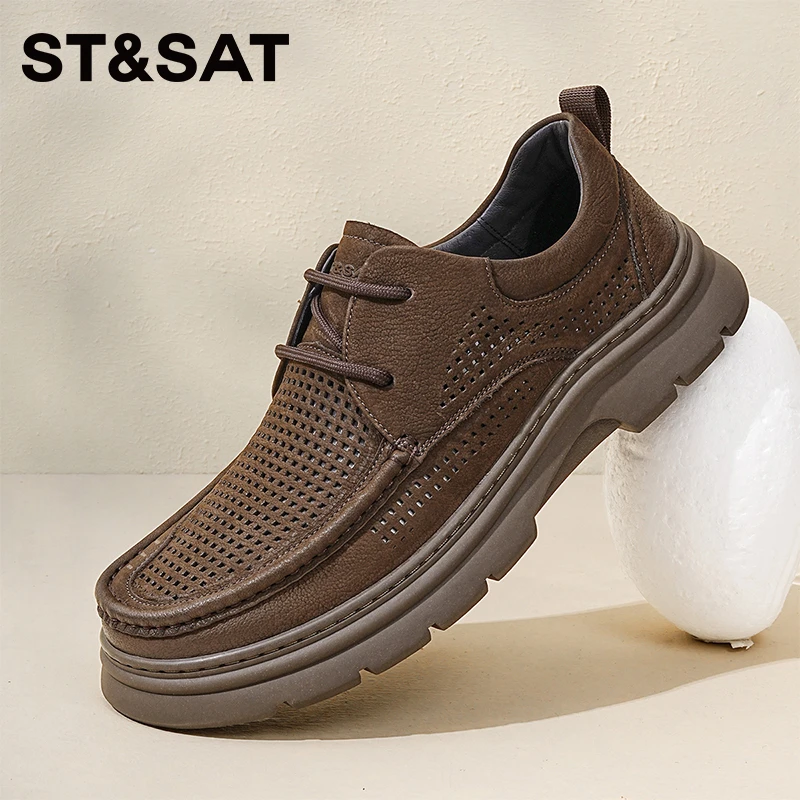 St&Sat/星期六休闲透气休闲皮鞋系鞋带皮鞋男款网面夏季厚底软底