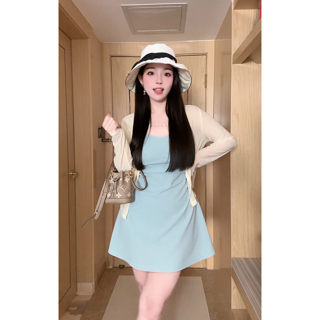 【现货】胖mm时尚纯欲吊带连衣裙女夏季收腰显瘦a字裙子05032