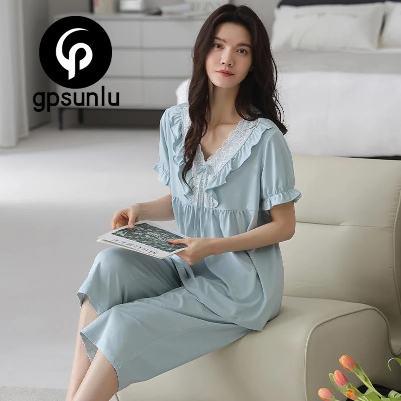 GPSUNLU带胸垫睡衣女夏季莫代尔棉短袖薄款七分裤家居服可外穿