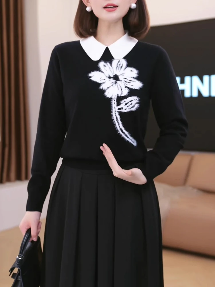 时尚洋气撞色翻领软糯印花毛衣秋冬新款静奢风韩版宽松百搭针织衫