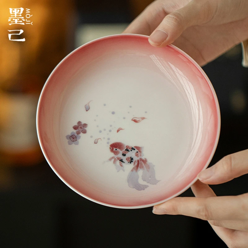 墨己手绘兰寿鱼壶承茶道配件家用干泡盘功夫茶具茶壶底托陶瓷盘
