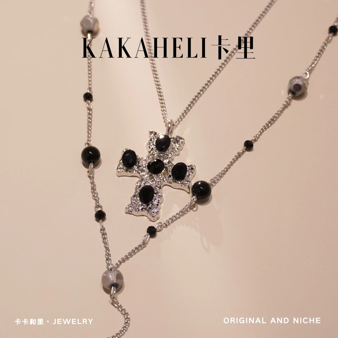 钛钢项链 百搭复古银色镶嵌双层黑色十字架项链 A208